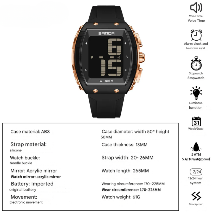 Sanda Digital Barrel Watch – Waterproof Multifunction Student Watch with Voice Time