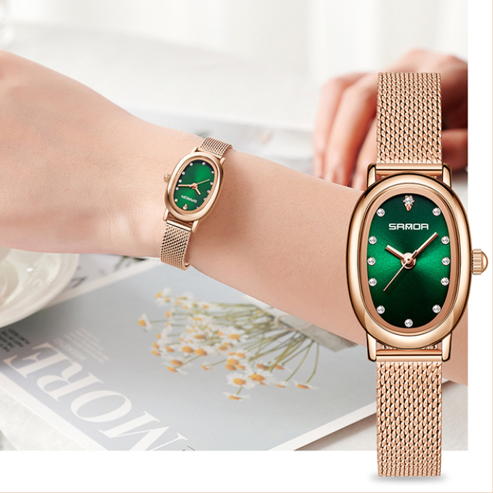 Sanda Women’s Mesh Quartz Watch – Diamond Accent Oval Dial, 30M Waterproof Casual Analog Watch