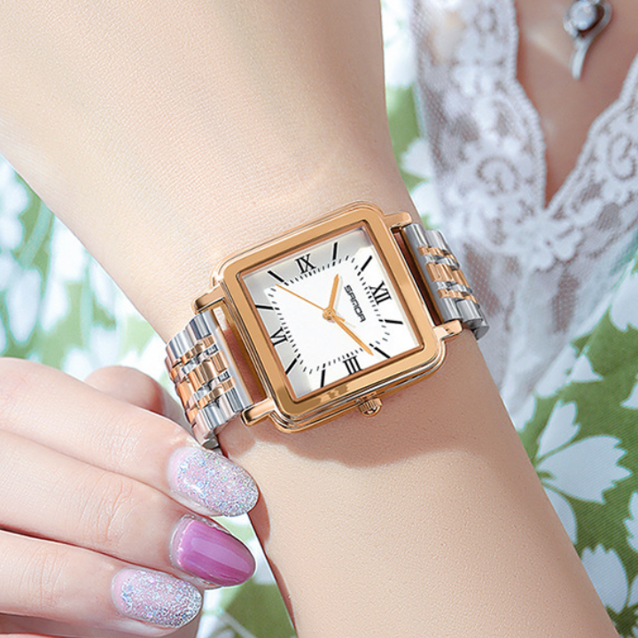SANDA Women’s Square Quartz Watch – Retro Stainless Steel Strap with Roman Numerals
