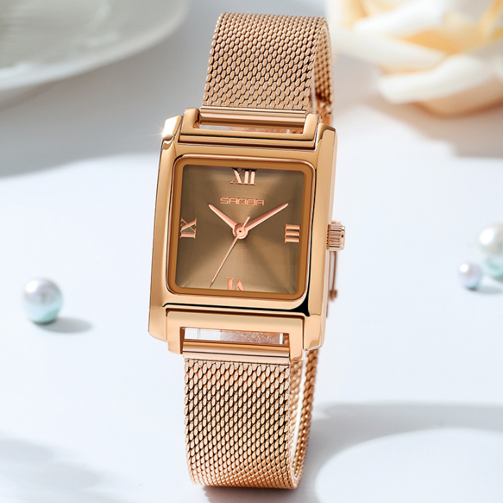 Sanda Women’s Mesh Quartz Watch – Waterproof Small Dial Casual Square Fashion Watch