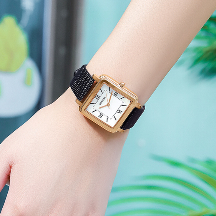 SANDA Women’s Square Quartz Watch – Retro Leather Strap with Roman Numerals