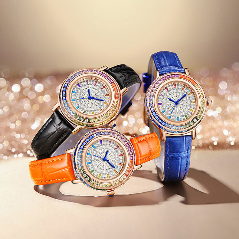 MOKAGO Women’s Quartz Watch with Crystal & Diamond Inlay – Fashion Leather Strap