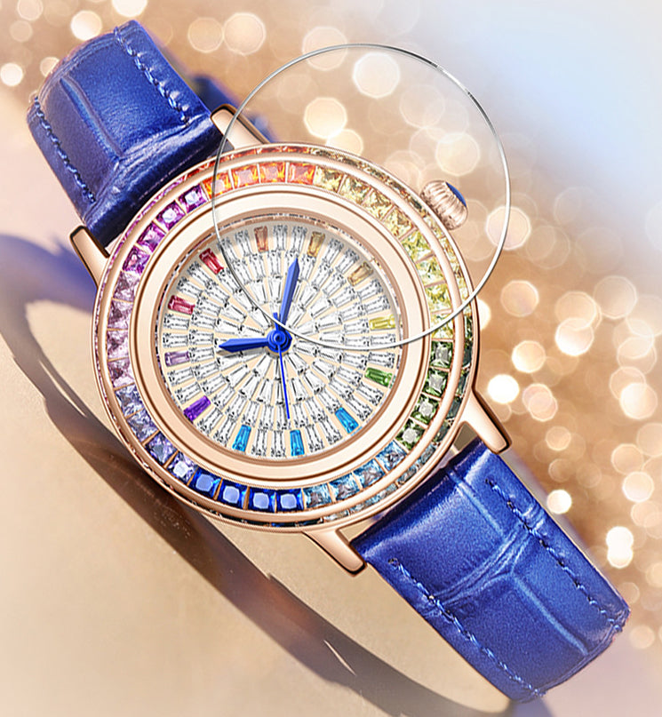 MOKAGO Women’s Quartz Watch with Crystal & Diamond Inlay – Fashion Leather Strap