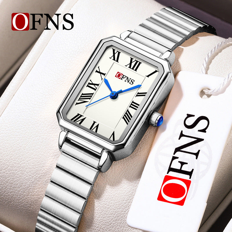 OFNS Women’s Square Quartz Watch – Elegant Roman Dial, Stainless Steel Strap