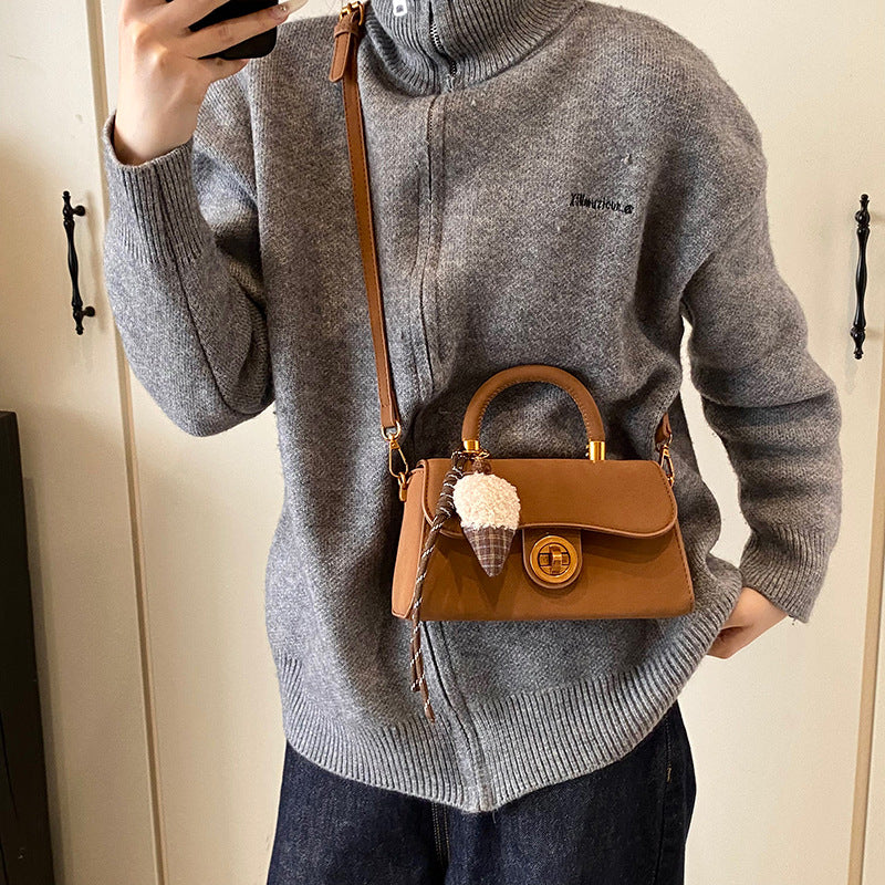 Retro PU Handbag for Women – Mid-Size Lock Messenger Bag with Keychain