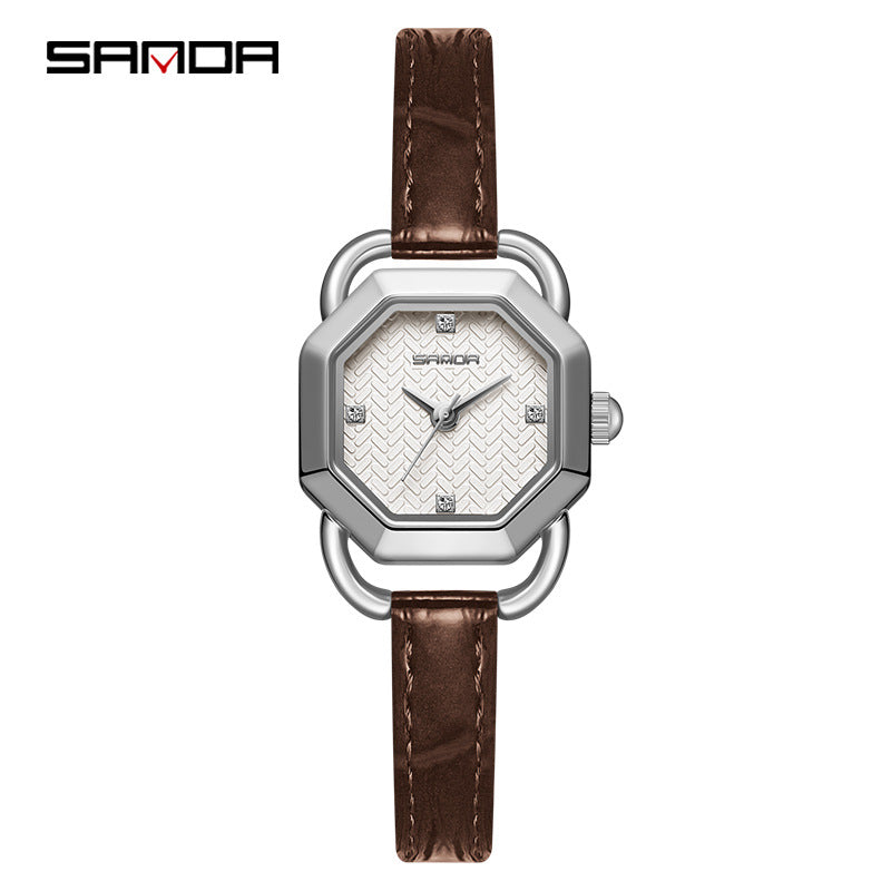 Sanda Women’s Leather Strap Quartz Watch – Octagonal Dial, Waterproof Analog Watch