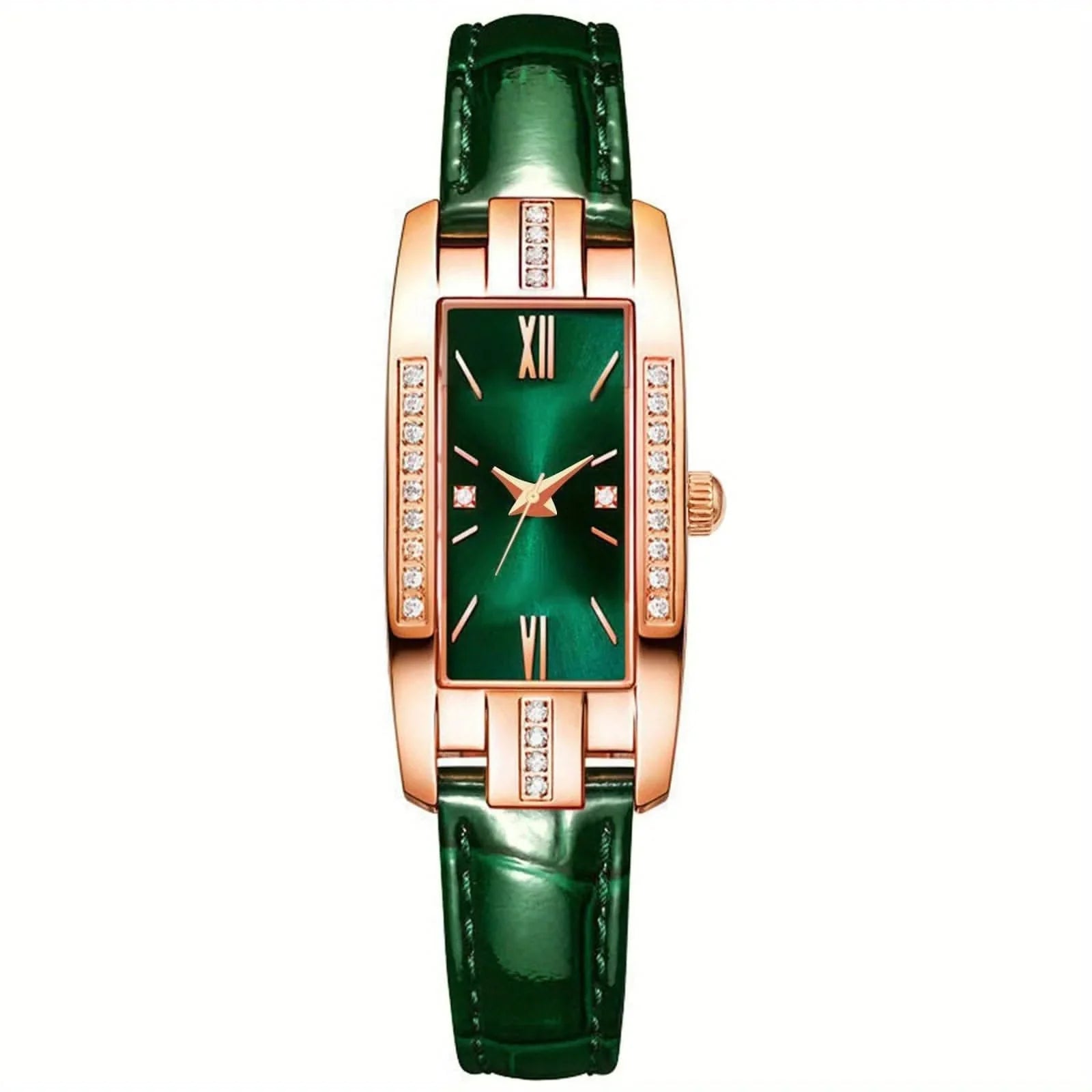 Lady’s Vintage Quartz Watch – Square Dial with Roman Numerals & Rhinestones (Red)