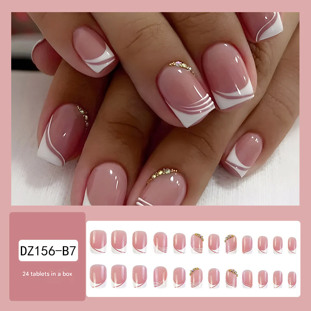 French Tip Press-On Nails – Medium Square Acrylic Nail Set with Gem Accents