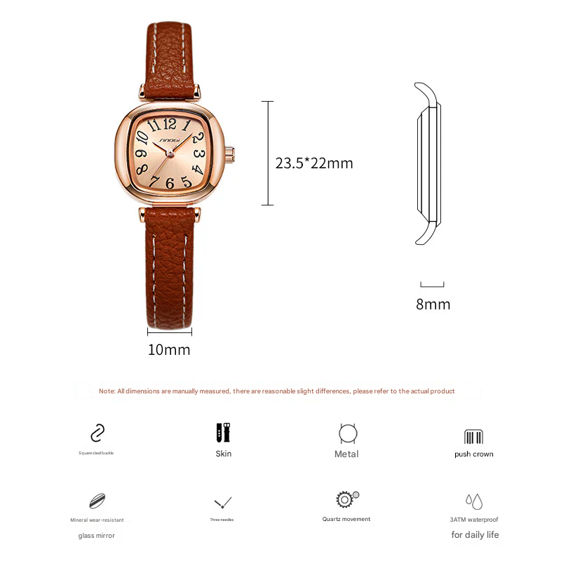 Sinobi Women’s Leather Strap Square Watch – Retro Quartz Timepiece for Everyday Style