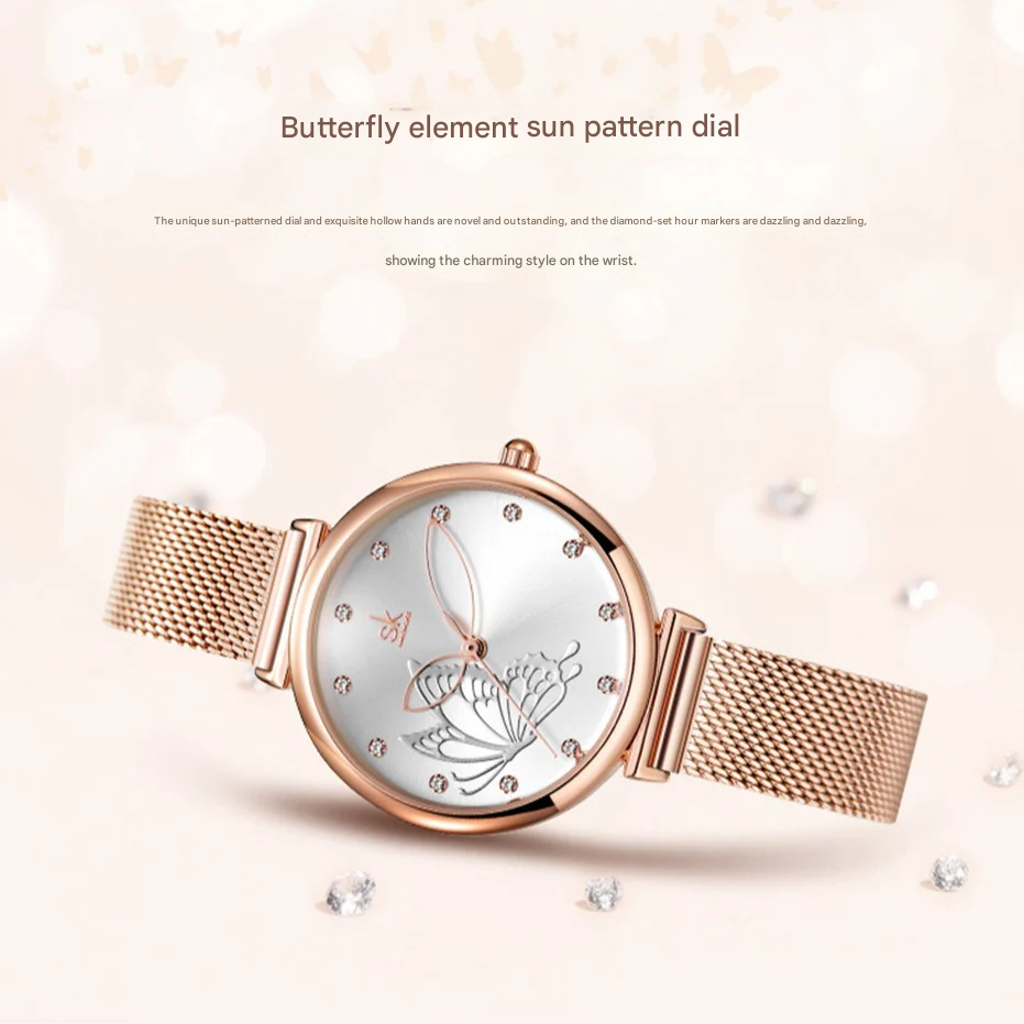 SK Women’s Quartz Watch – 3D Butterfly Dial, Stainless Steel Strap, Waterproof Wristwatch