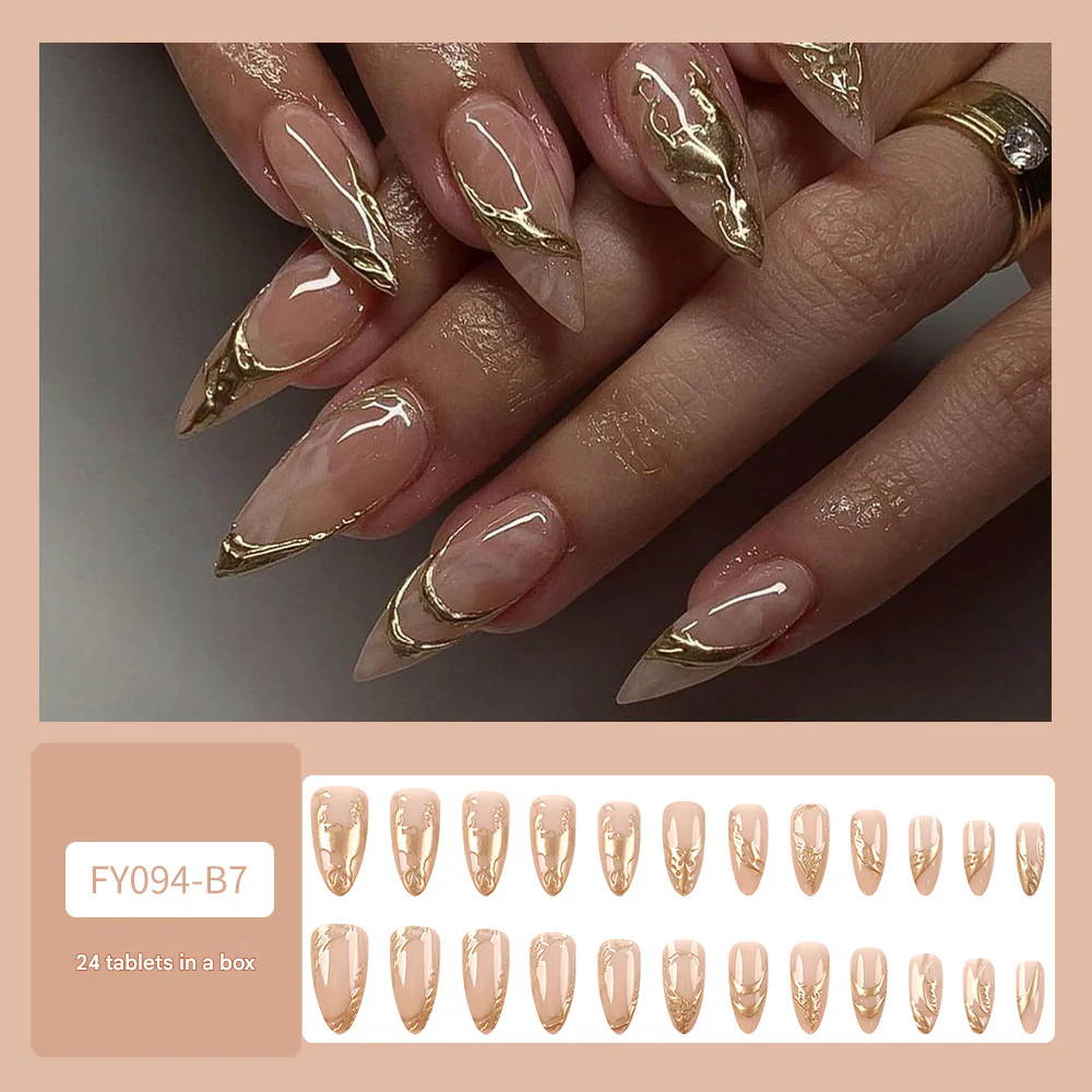 3D Gold Marble Press-On Nails – Long Stiletto Acrylic Nail Set, Nude Abstract Design