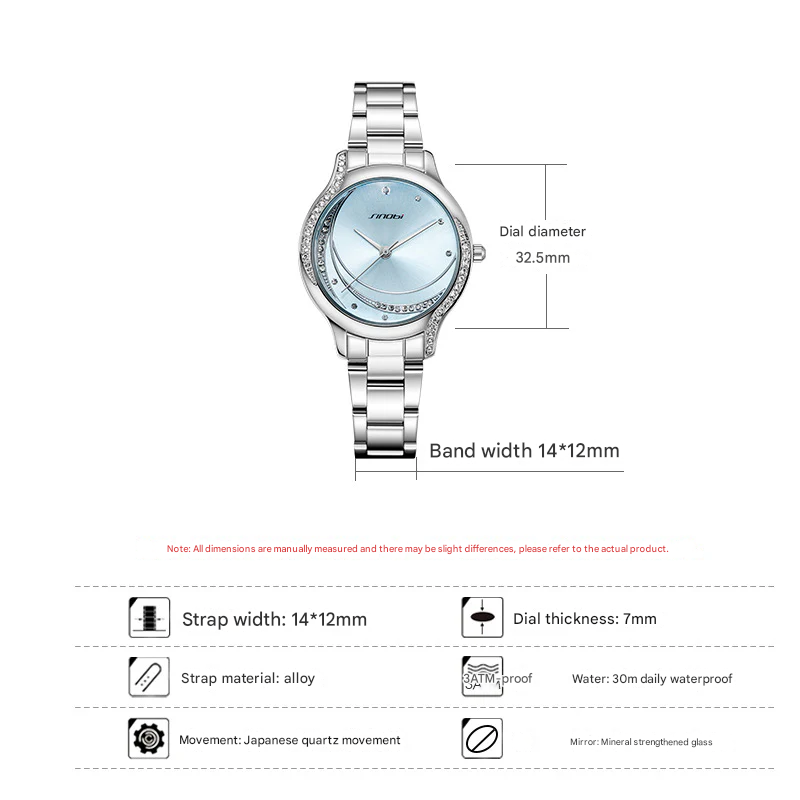 Sinobi Fashion Women's Quartz Watch – Diamond Detail, Stainless Steel Strap