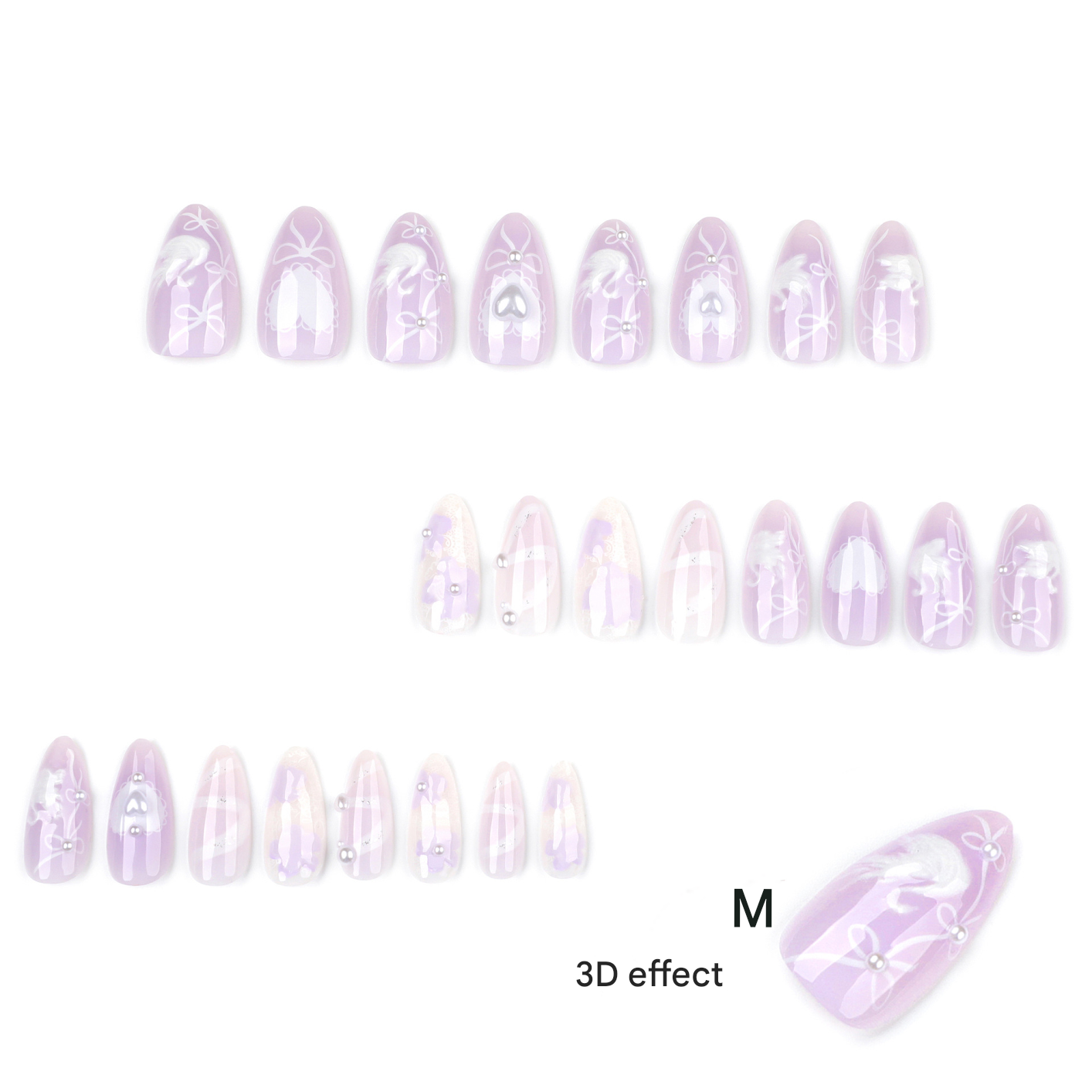 Luxury 3D Swan Almond Press-On Nails – Medium Glue-On with Pearls & Bows