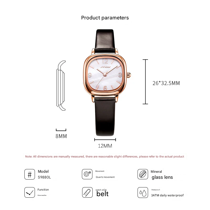 Sinobi Women’s Square Quartz Watch – Square Dial, Leather Strap, Waterproof