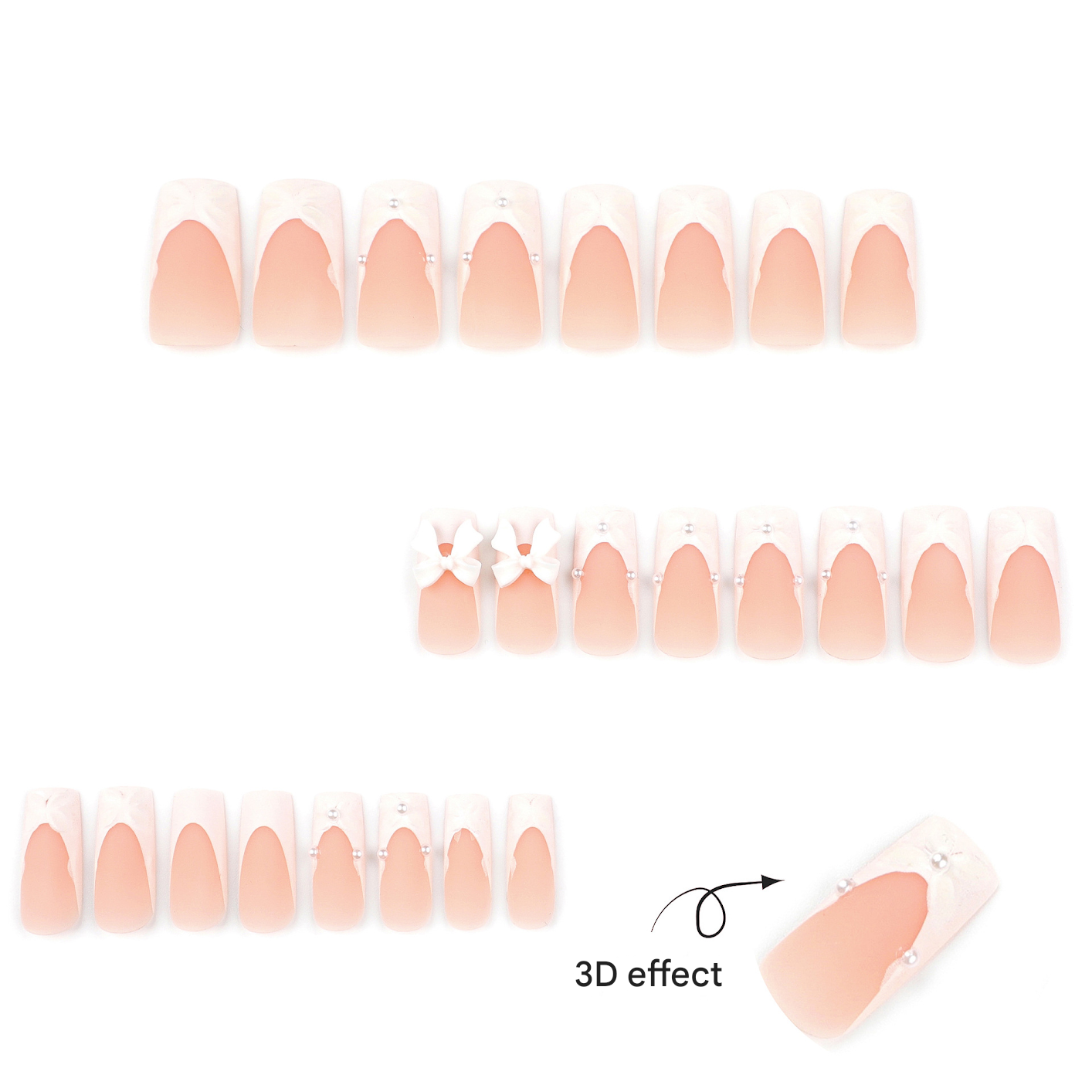 Long Coffin Luxe Bridal Press-On Nails – Nude White with 3D Bows & Pearl Accents