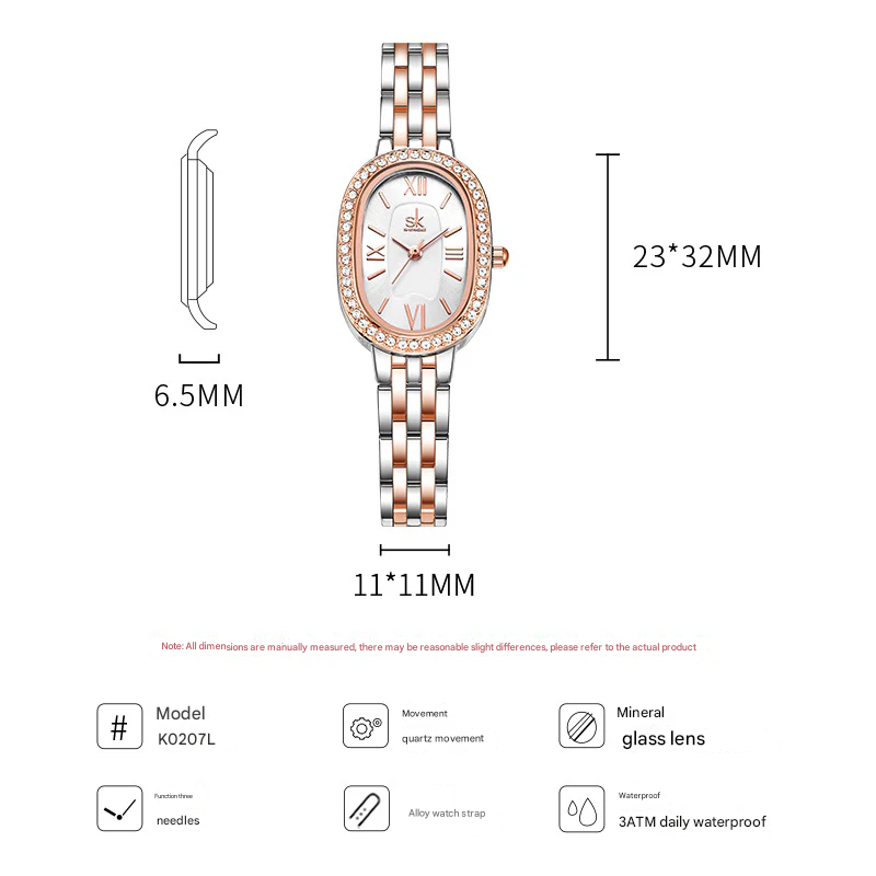 SK Women’s Quartz Watch – Zircon Oval Dial, Waterproof Fashion Alloy Wristwatch