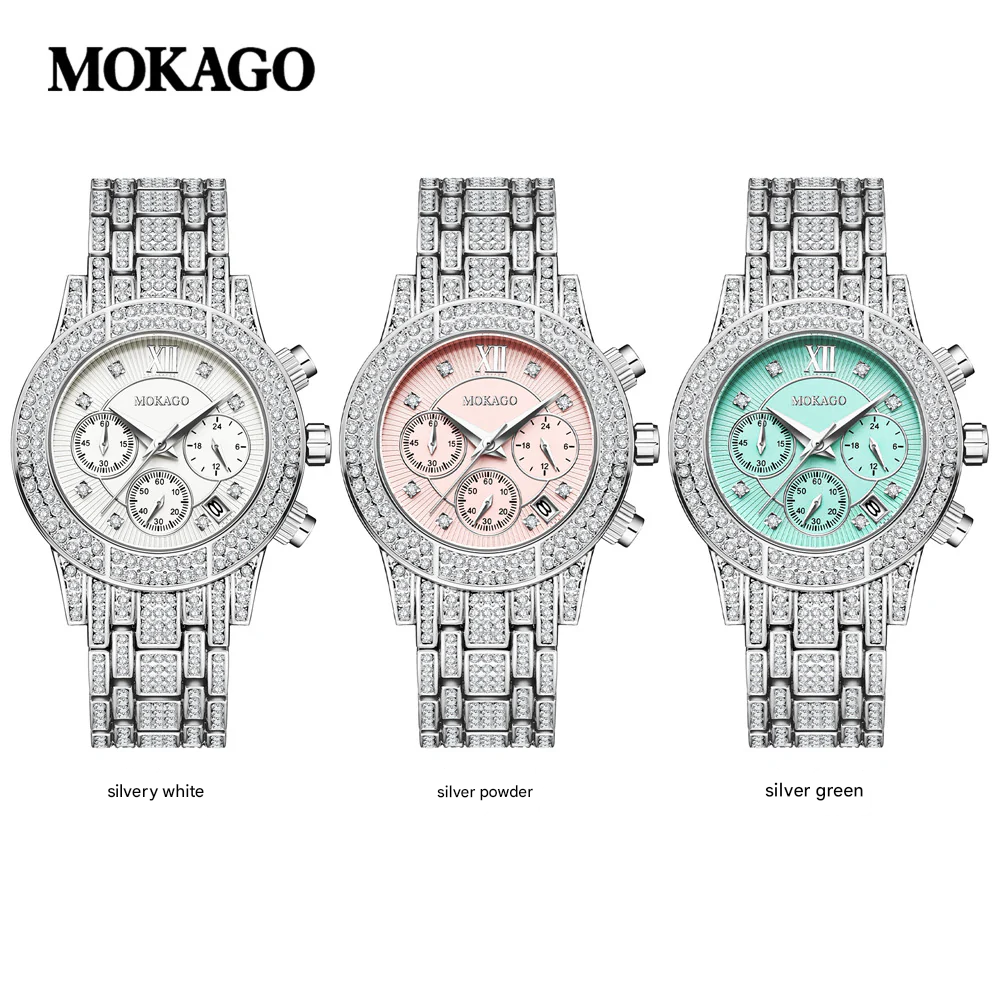 MOKAGO Women’s Luxury Diamond Quartz Watch – Calendar Display, Alloy Strap
