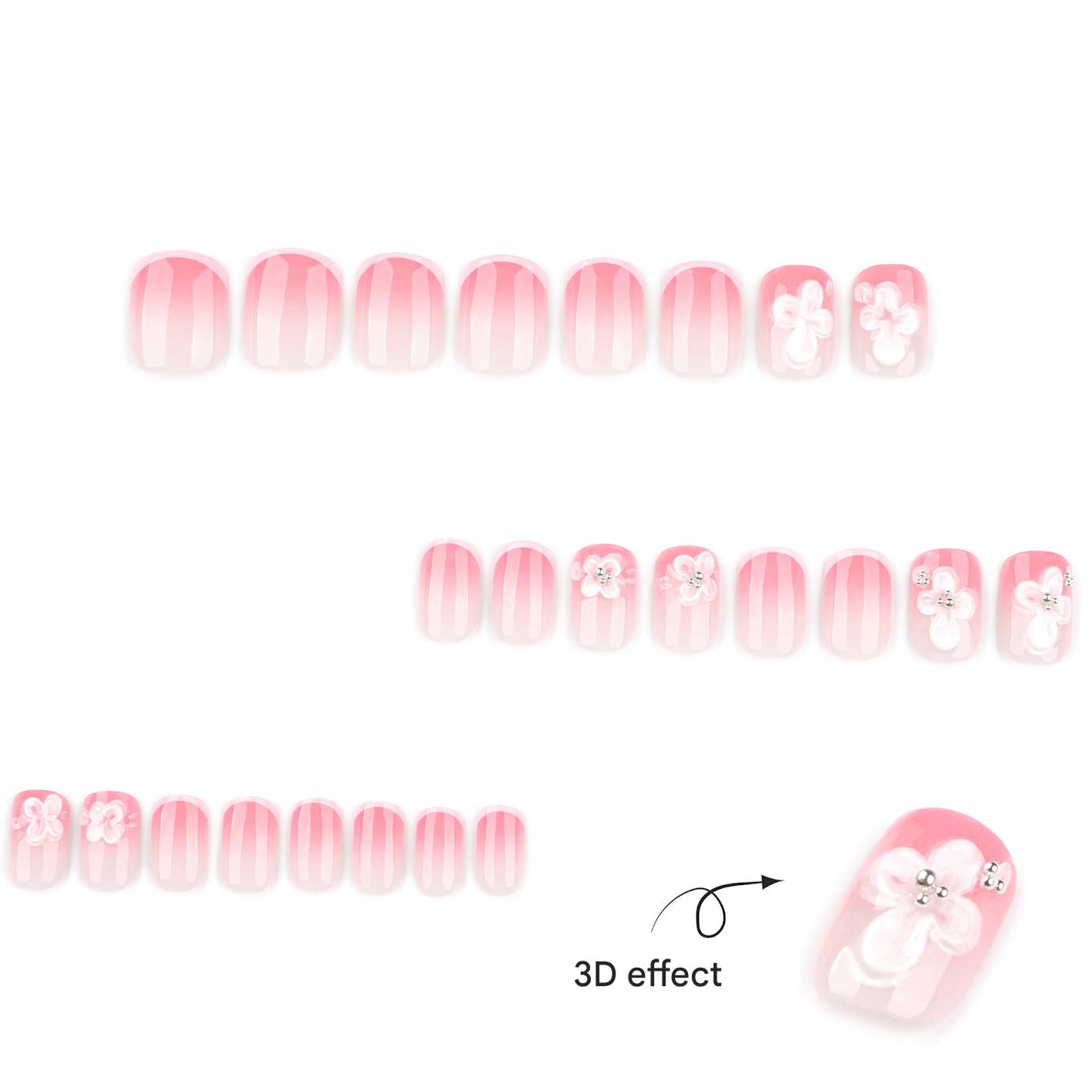 Elegant Nude Pink 3D Floral Press-On Nails – French Tip, Square Glue-On False Nails