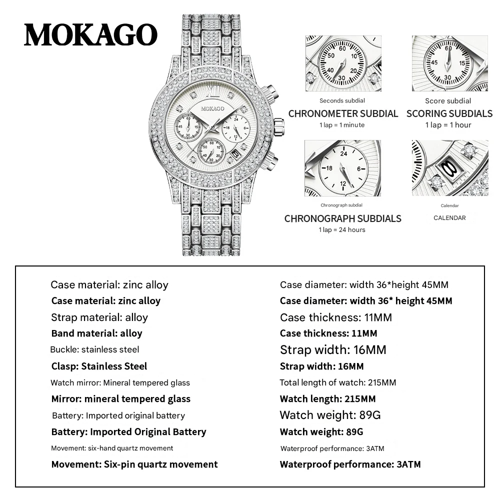 MOKAGO Women’s Luxury Diamond Quartz Watch – Calendar Display, Alloy Strap