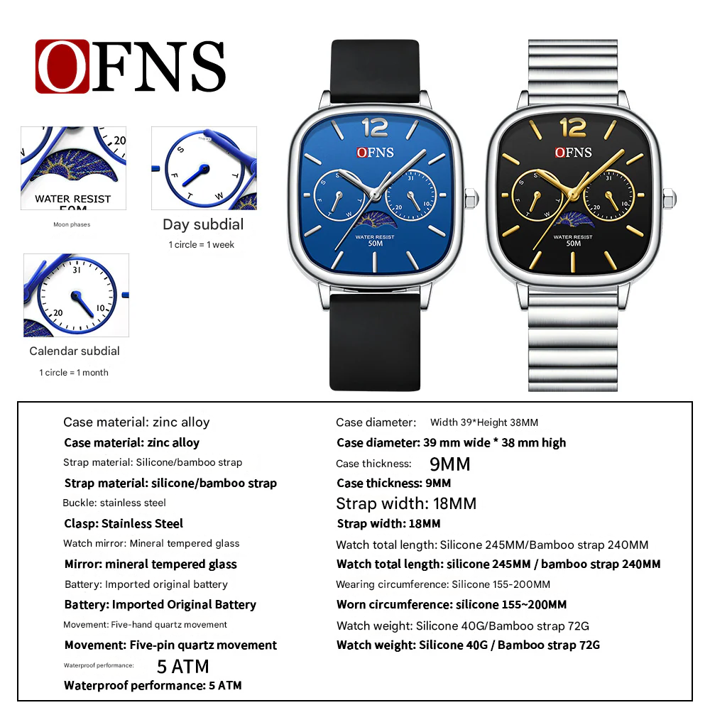 OFNS Square Quartz Watch with Moon Phase & Calendar – Waterproof Business Unisex Watch