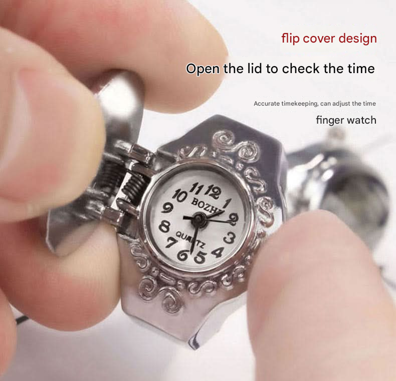 BOZHI Leopard Print Flip Ring Watch – Retro Gemstone Quartz Finger Watch