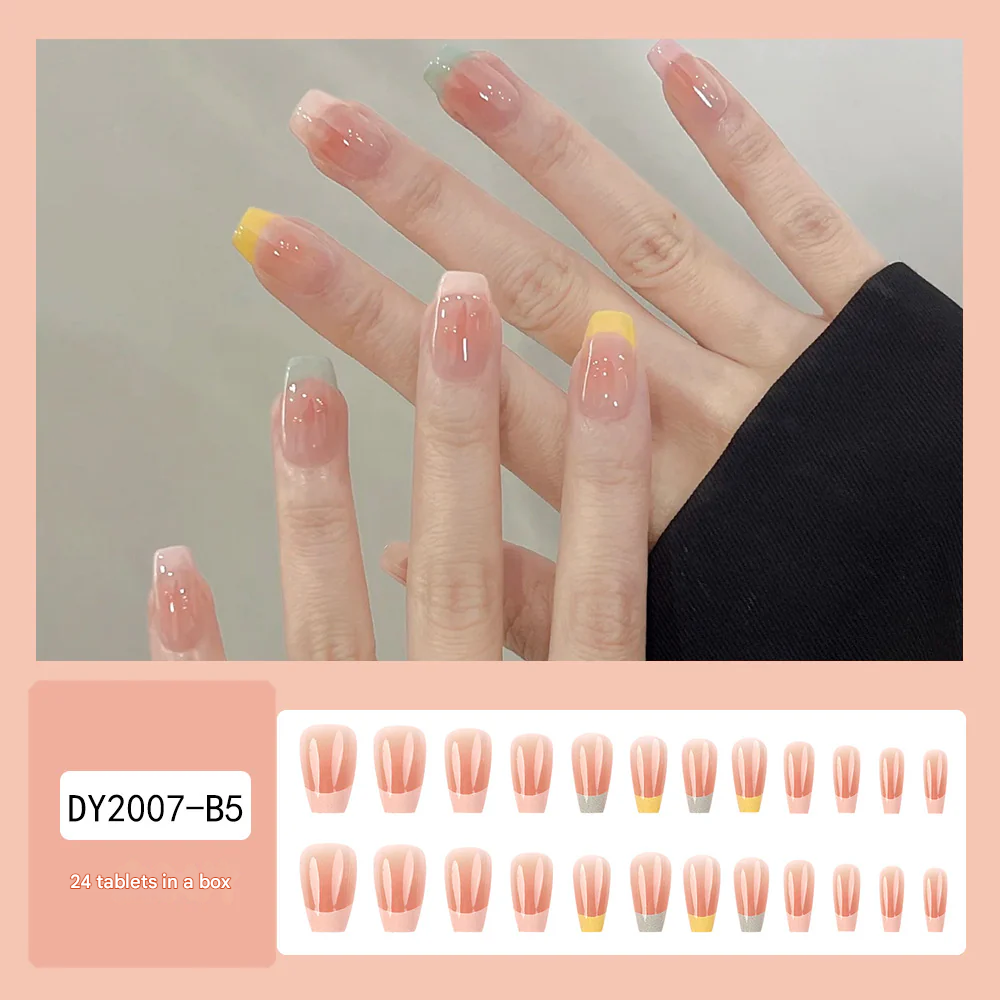 French Gradient Press-On Nails – Medium Square Acrylic Nail Tips with Colorful Tips