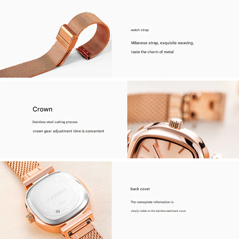 Sinobi Women's Luxury Square Quartz Watch – Milanese Strap, Fashion Timepiece