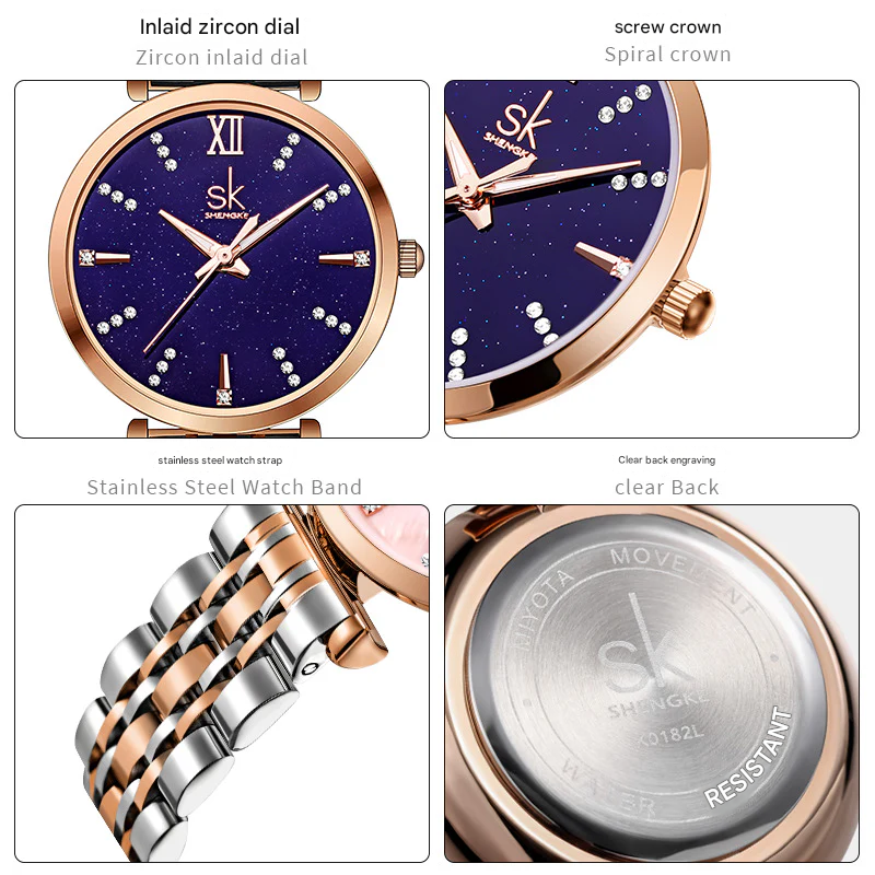SK Women’s Quartz Watch – Roman Numerals, Stainless Steel 30M Waterproof Wristwatch