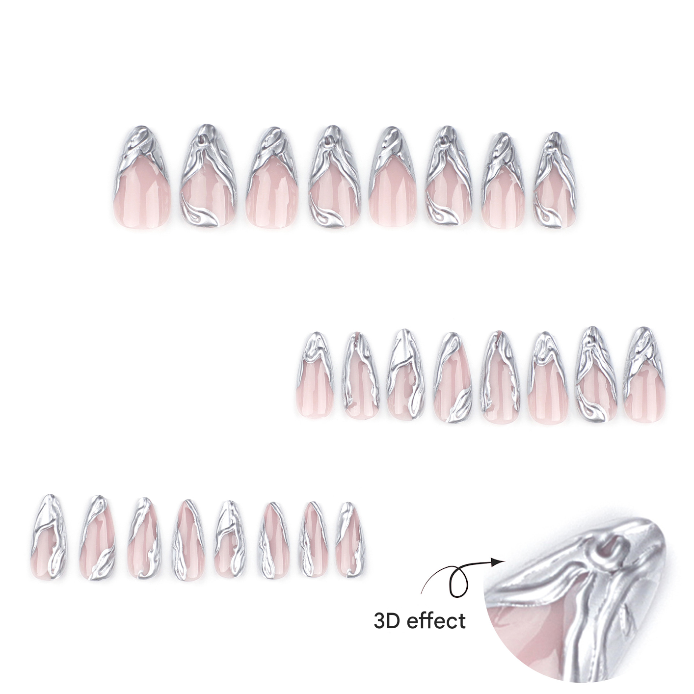 Chrome Stiletto Press-On Nails – Long Metallic Silver Swirl Design, Glue-On Acrylic