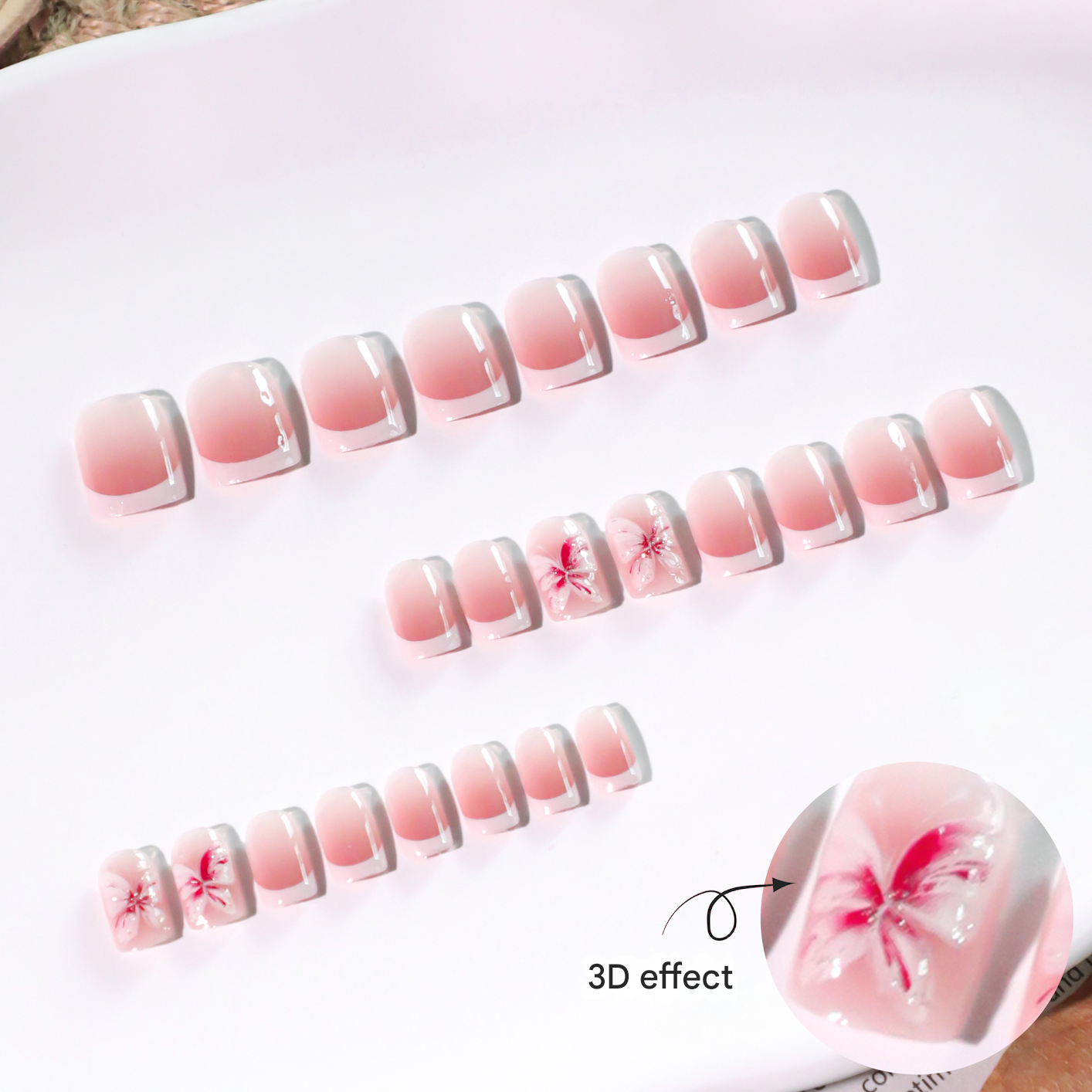 Elegant Pink Floral Press-On Nails – Glossy Square Acrylic Glue-On Set