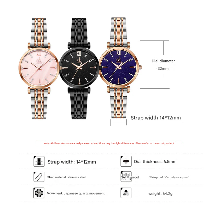 SK Women’s Quartz Watch – Roman Numerals, Stainless Steel 30M Waterproof Wristwatch