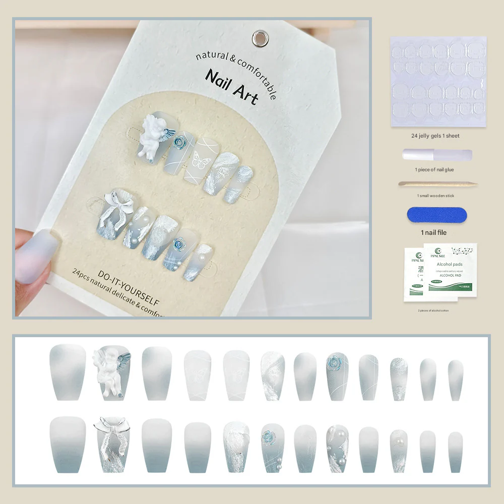 3D Angel Press-On Nails – White Coffin Acrylic Nail Set with Snowflake & Floral Accents
