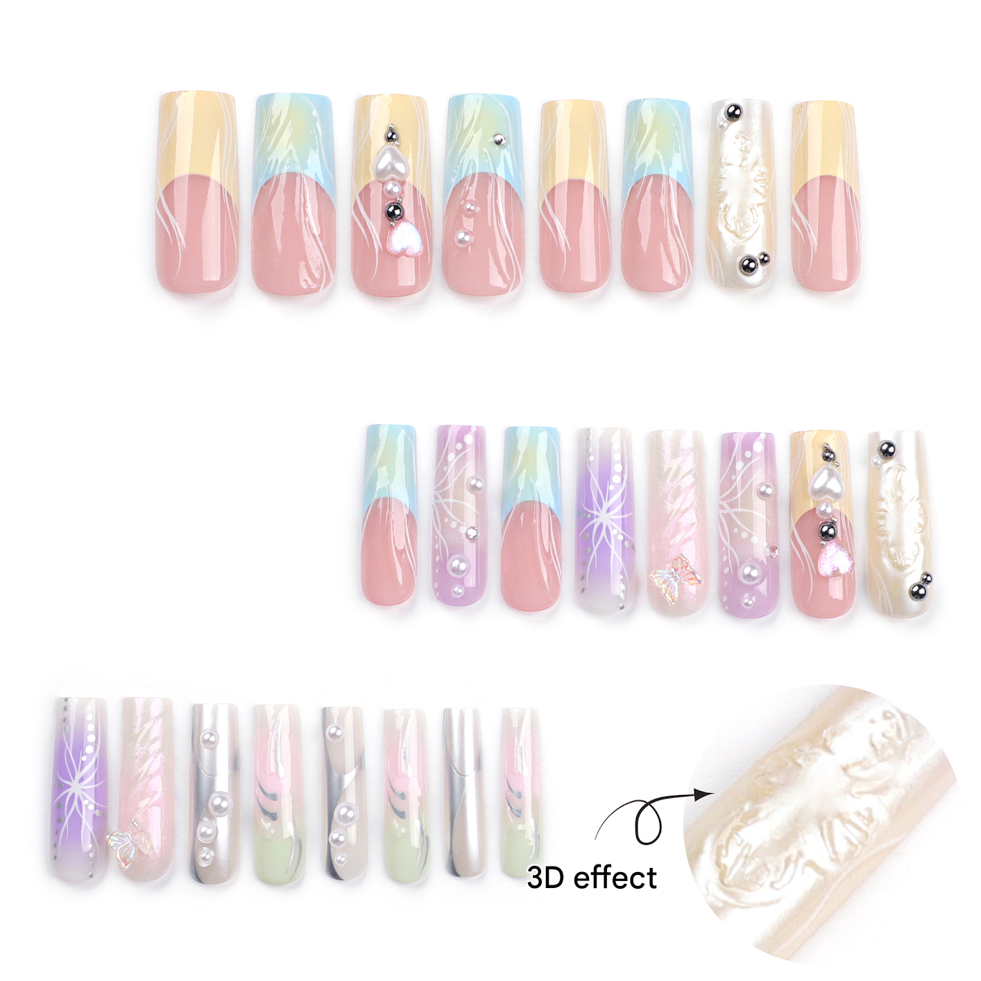 3D Multicolor Coffin Press-On Nails – Long Glossy Gradient with Floral & Pearl Accents