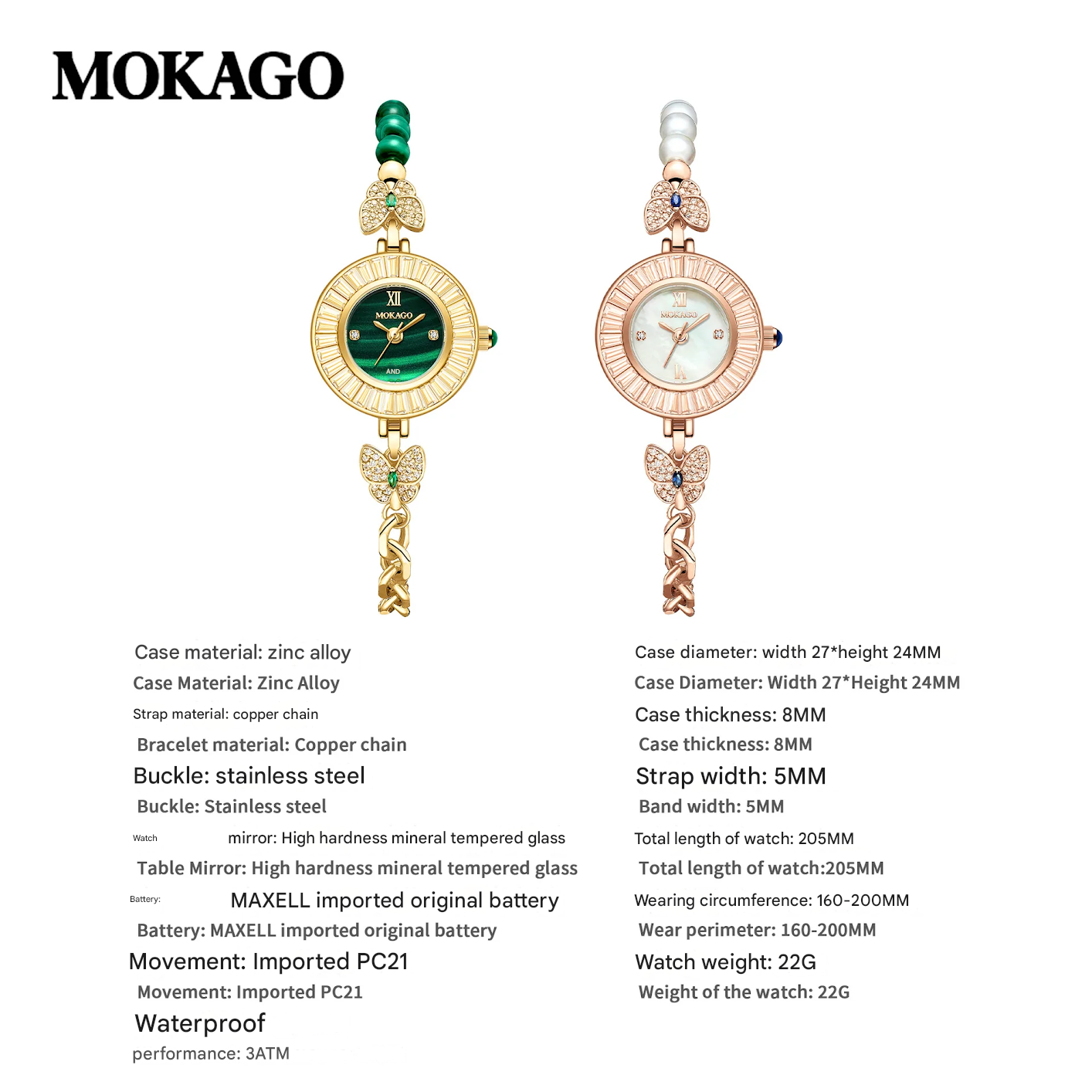 MOKAGO Women’s Quartz Watch – Butterfly Dial, Diamond Accent, Waterproof Bracelet