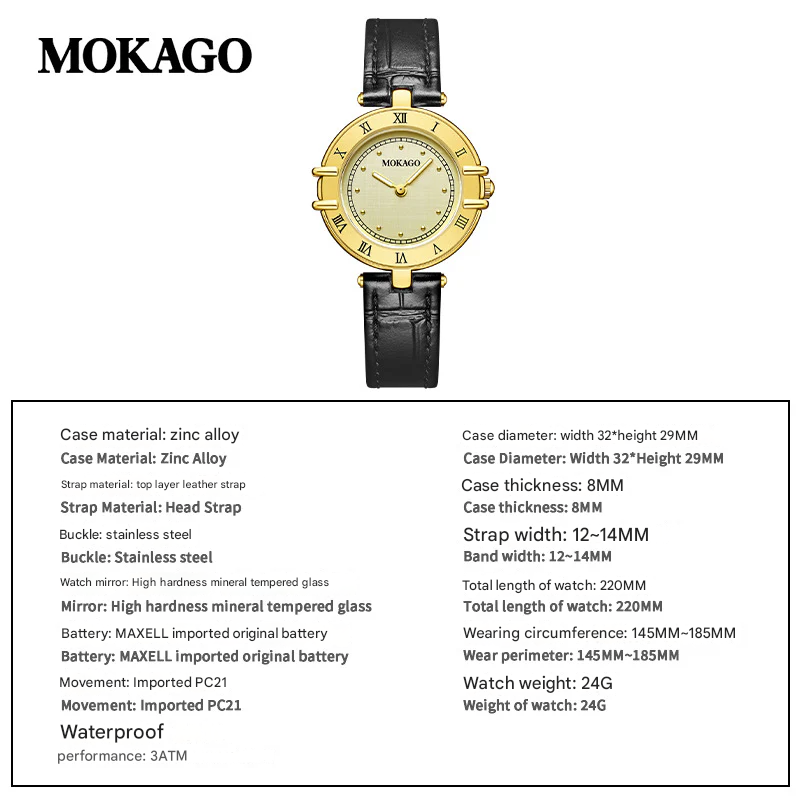 MOKAGO Women’s Retro Quartz Watch – Roman Dial, Waterproof Leather Strap