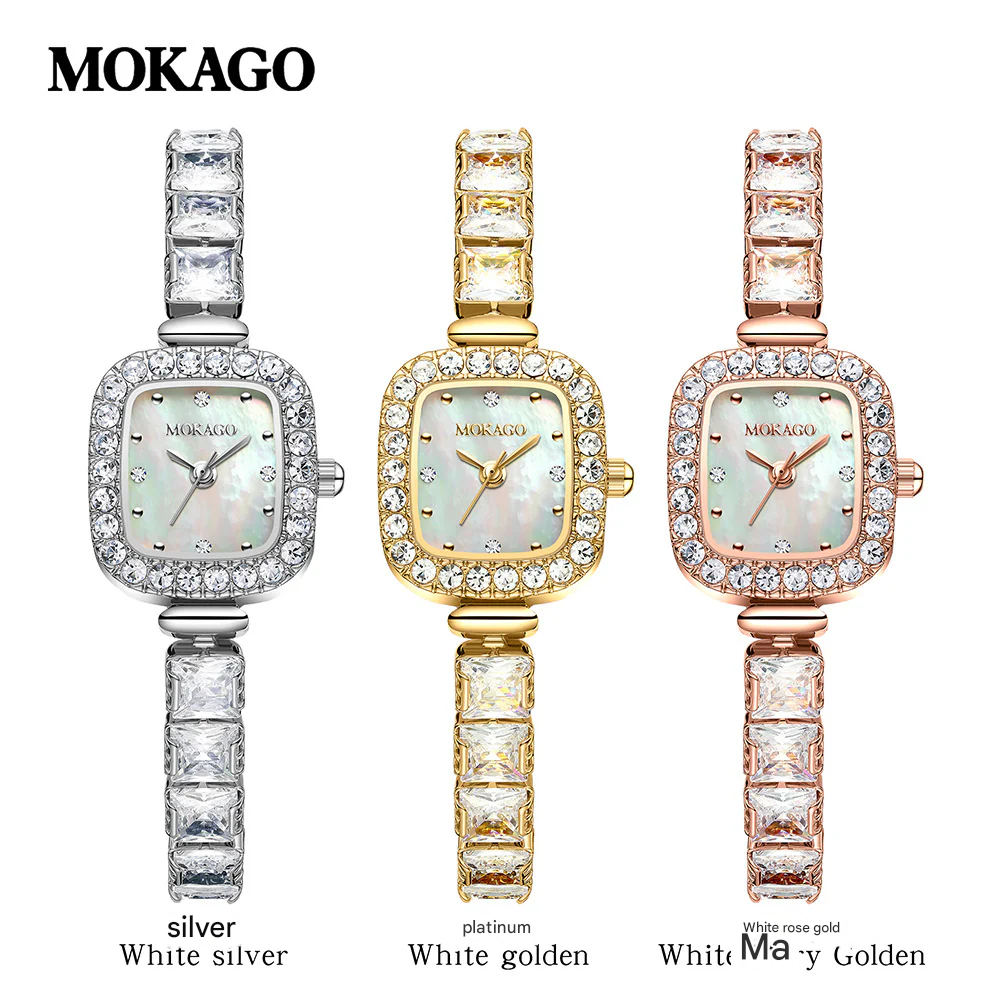 MOKAGO Women’s Square Quartz Watch – Diamond Inlay, Light Luxury Copper Bracelet