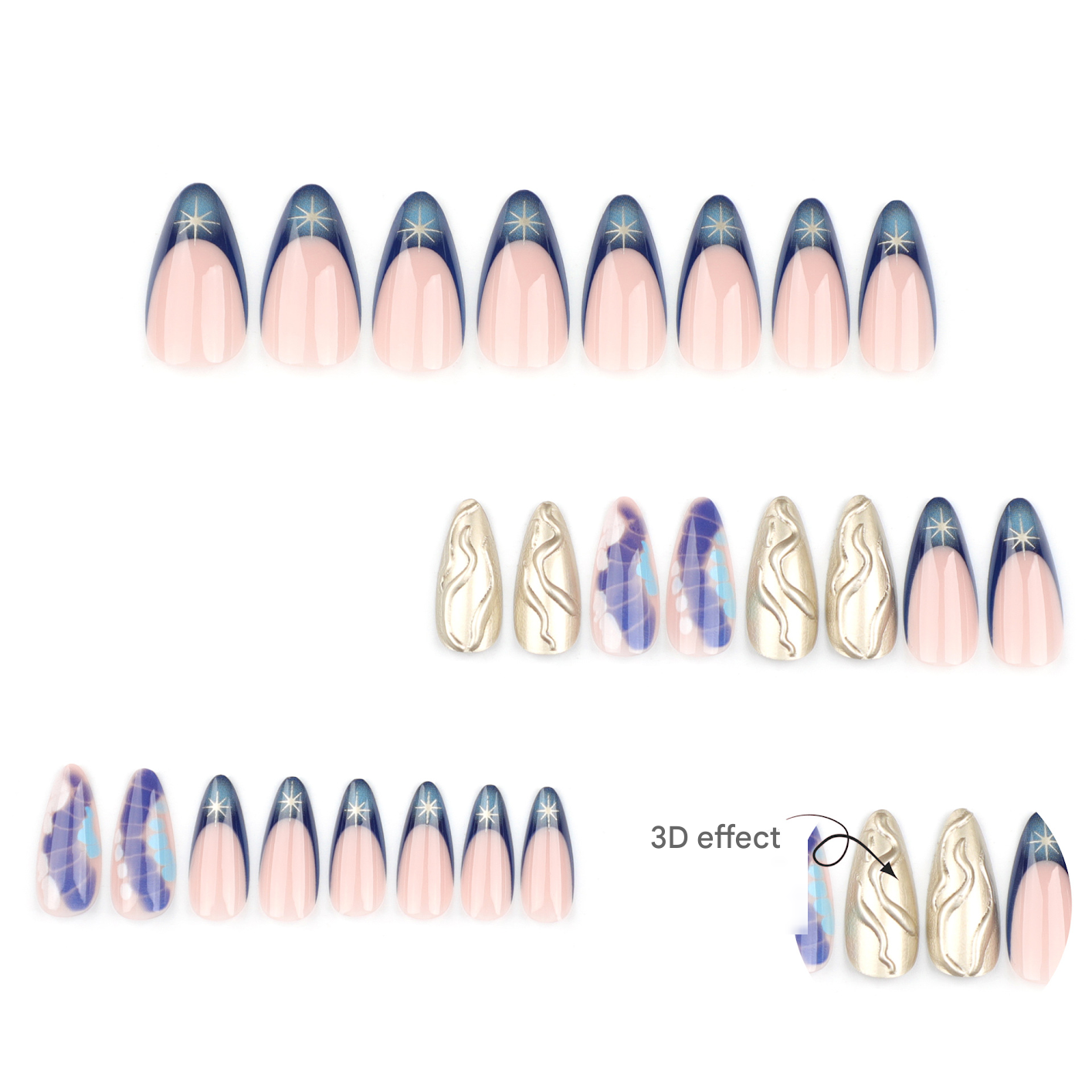 Futuristic Blue Chrome Stiletto Press-On Nails – 3D Star & Abstract Design