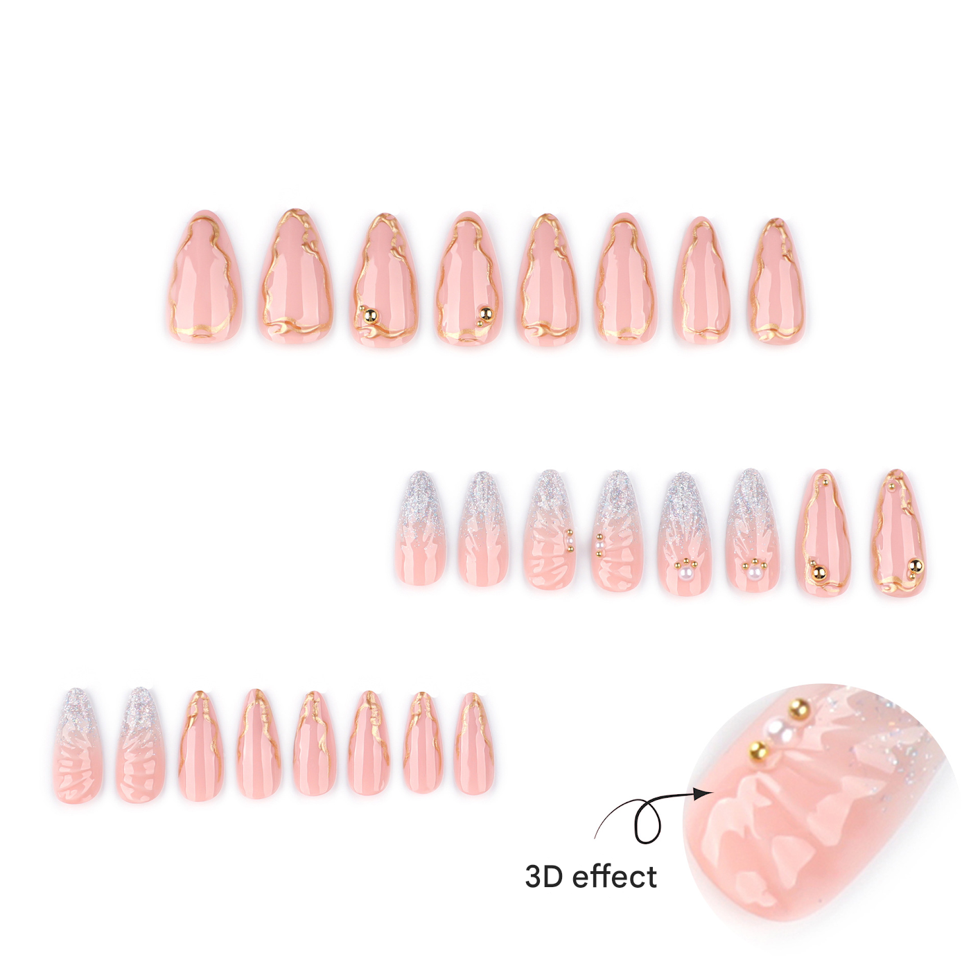 3D Glitter Wing Press-On Nails – Long Stiletto Nude Nails with Gold Accents