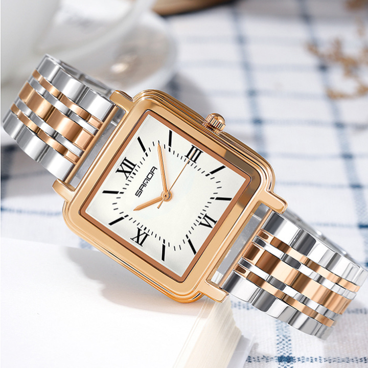 SANDA Women’s Square Quartz Watch – Retro Stainless Steel Strap with Roman Numerals