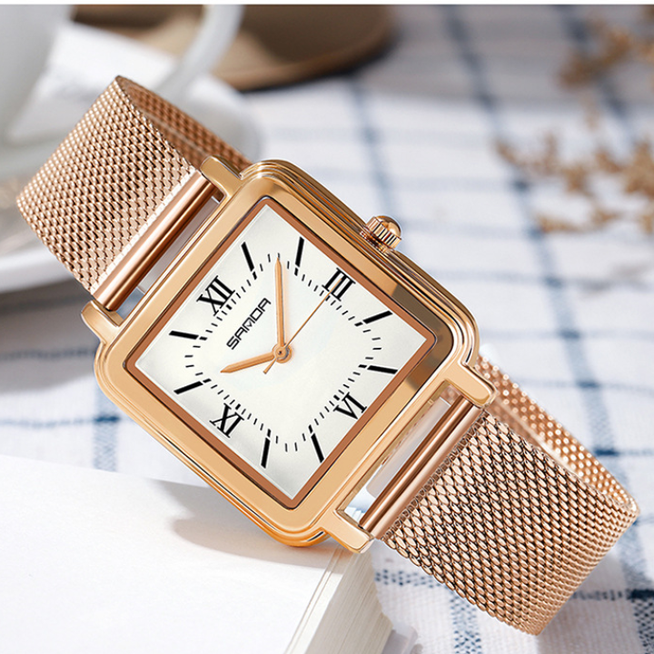 SANDA Women’s Square Quartz Watch – Retro Mesh Stainless Steel Strap with Roman Numerals