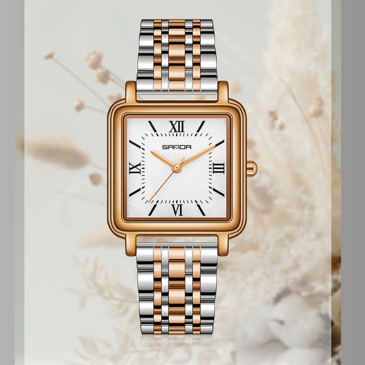 SANDA Women’s Square Quartz Watch – Retro Stainless Steel Strap with Roman Numerals