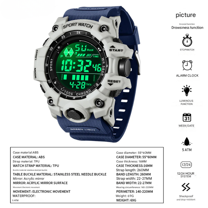 Sanda Digital Sports Watch for Students – Waterproof Multi-Function Alarm & Stopwatch