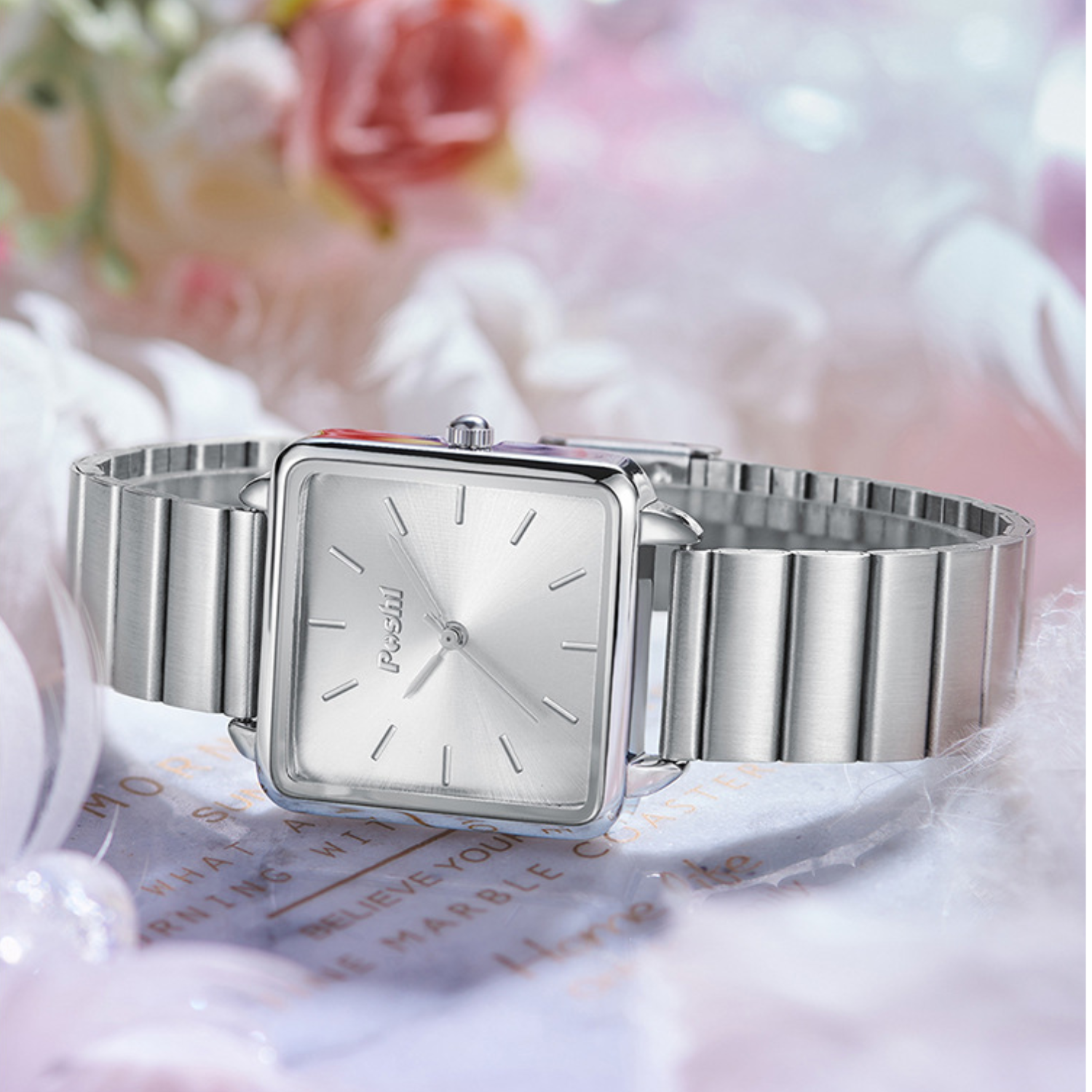 POSHI Women's Square Dial Watch – Minimalist Stainless Steel Quartz Wristwatch