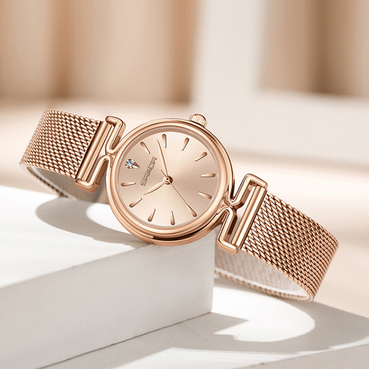 Sanda Women’s Mesh Quartz Watch – Round Dial, Waterproof Stainless Steel Analog Watch