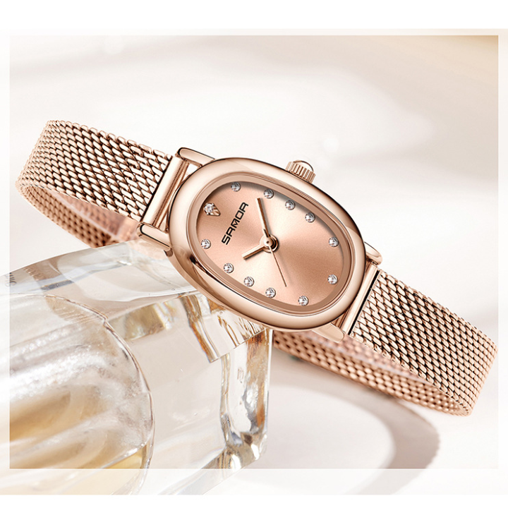 Sanda Women’s Mesh Quartz Watch – Diamond Accent Oval Dial, 30M Waterproof Casual Analog Watch