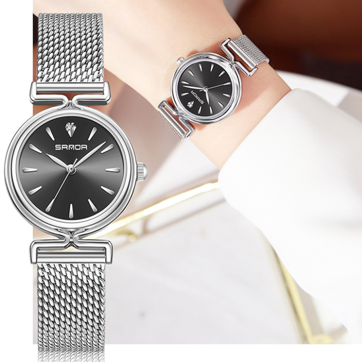 Sanda Women’s Mesh Quartz Watch – Round Dial, Waterproof Stainless Steel Analog Watch