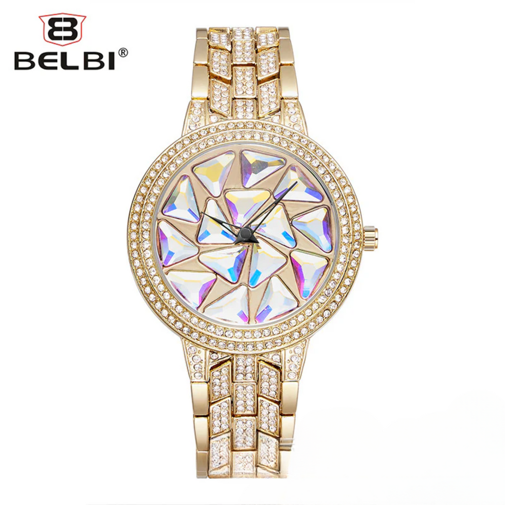 BELBI Women's Diamond Quartz Watch – Full Diamond Dial, Luminous Hands, Waterproof