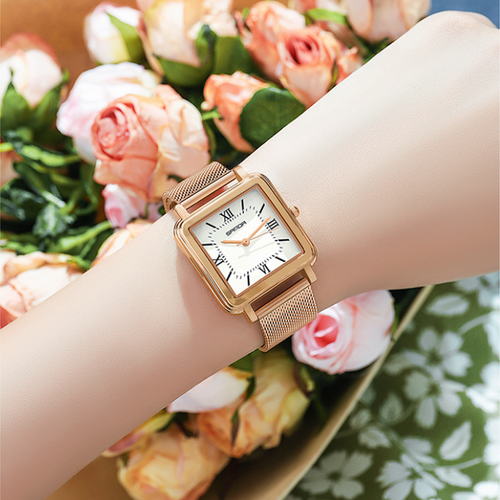 SANDA Women’s Square Quartz Watch – Retro Mesh Stainless Steel Strap with Roman Numerals