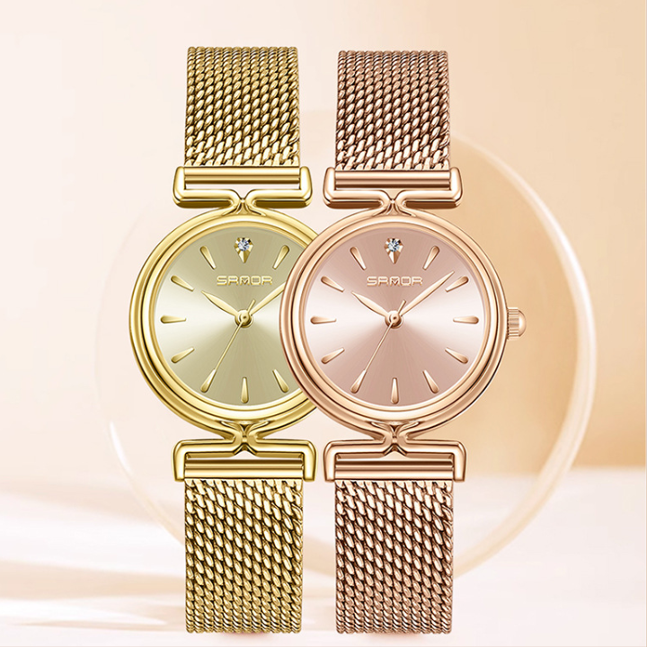 Sanda Women’s Mesh Quartz Watch – Round Dial, Waterproof Stainless Steel Analog Watch