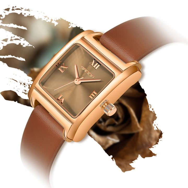 Sanda Women’s Leather Quartz Watch – Waterproof Small Dial Casual Square Fashion Watch